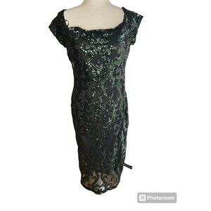 Premier Amour Black & Green Sequin Women's Dress Size 14